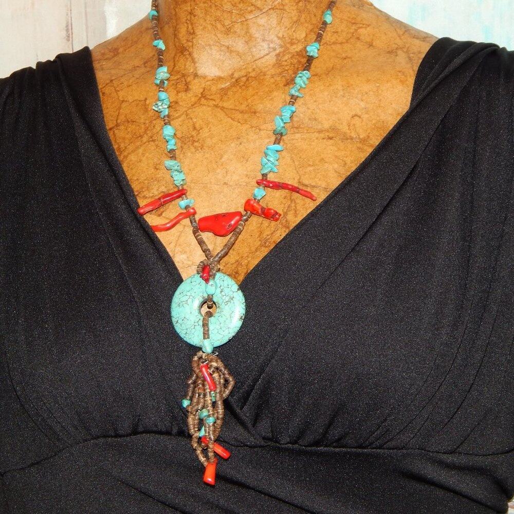 Striking Artisan BoHo Turquoise Heishi & Coral Necklace w/Jaclas & Earri…
